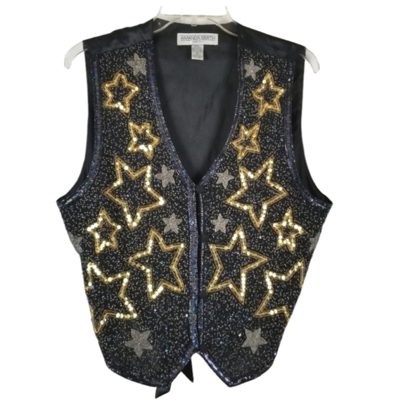 Amanda Smith Pure Silk Sequin Beaded Vest Size Large Stars Metallic Event Party - Picture 1 of 10
